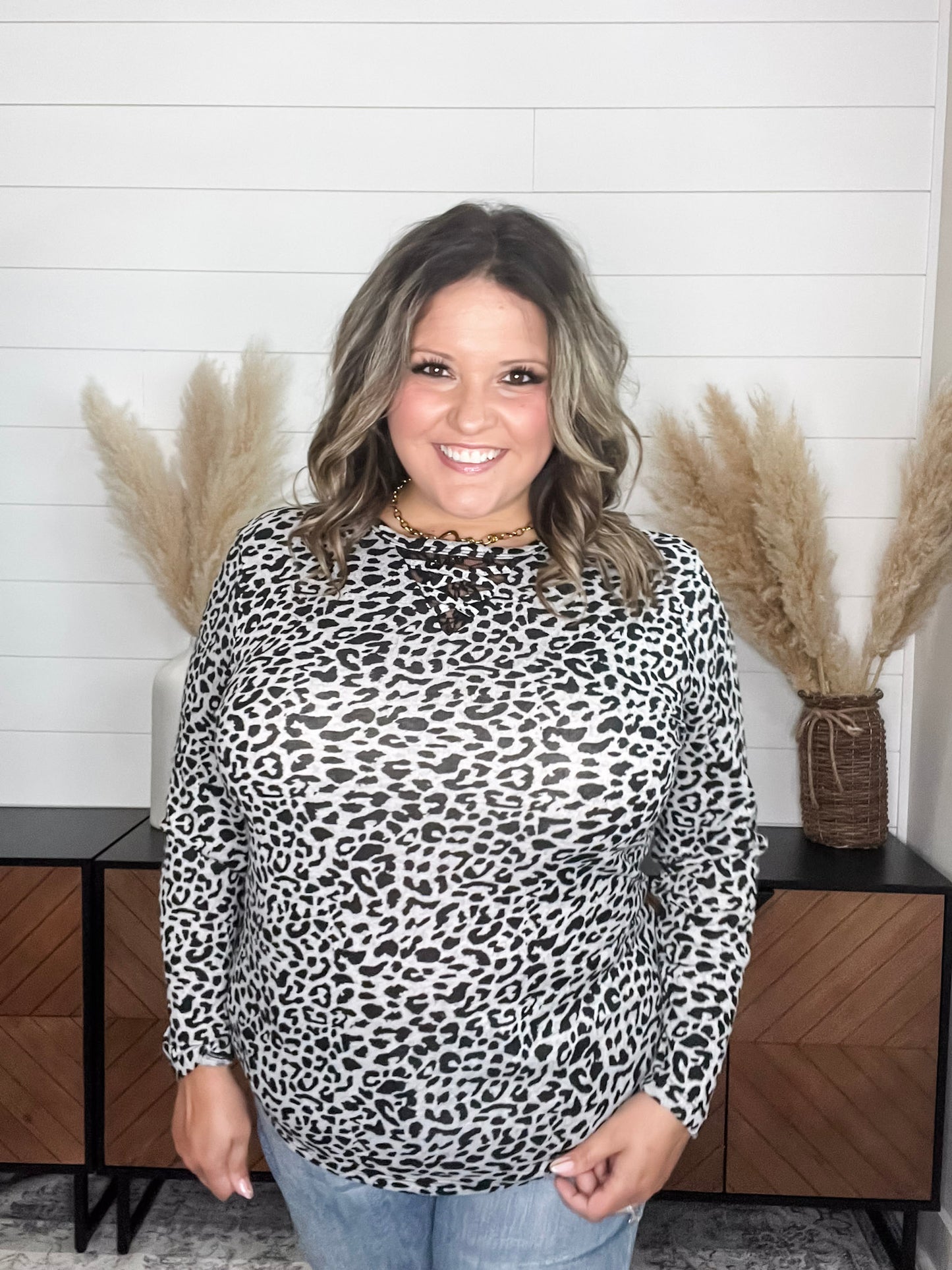 "Dixie" Animal Print Long Sleeve with Criss Cross Design (Grey)
