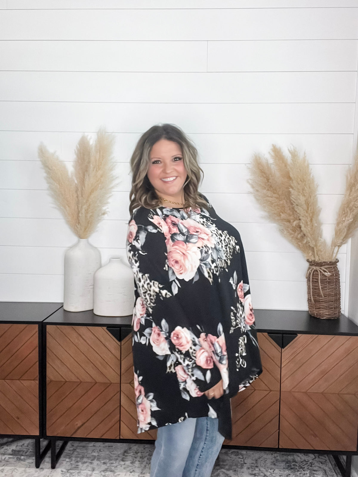 "Double Down" Floral and Animal Print Shark Bite Tunic with Pockets