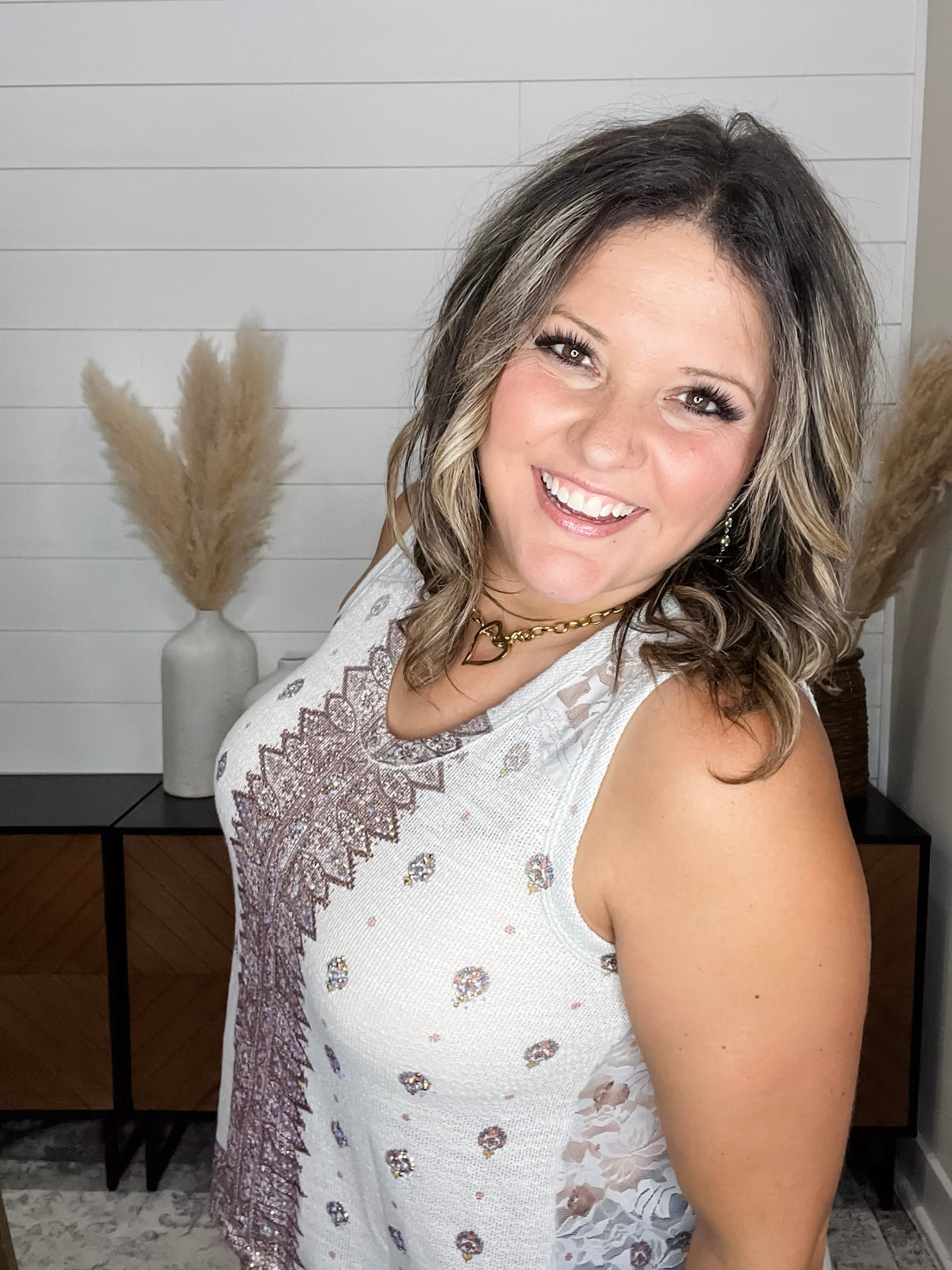 "It's A Date" Bejeweled with Lace Inserts V Neck Tank Top