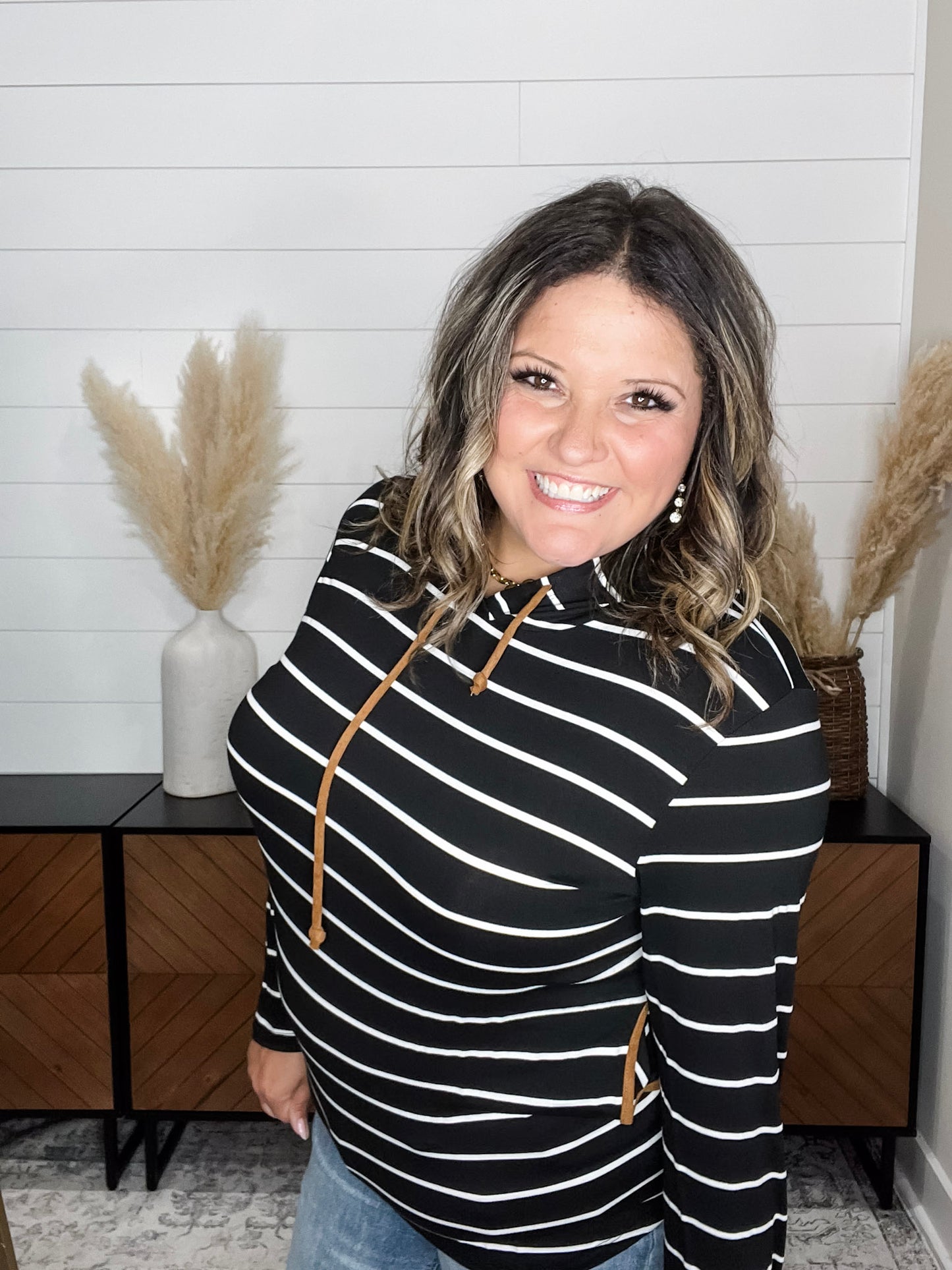 "Libby" Striped Hoodie with Faux Suede Elbow Patches