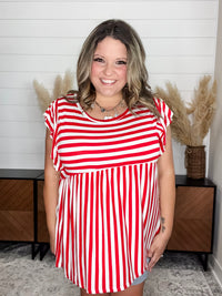 "Connor" Stripe Ruffle Cap Babydoll (Red & White)