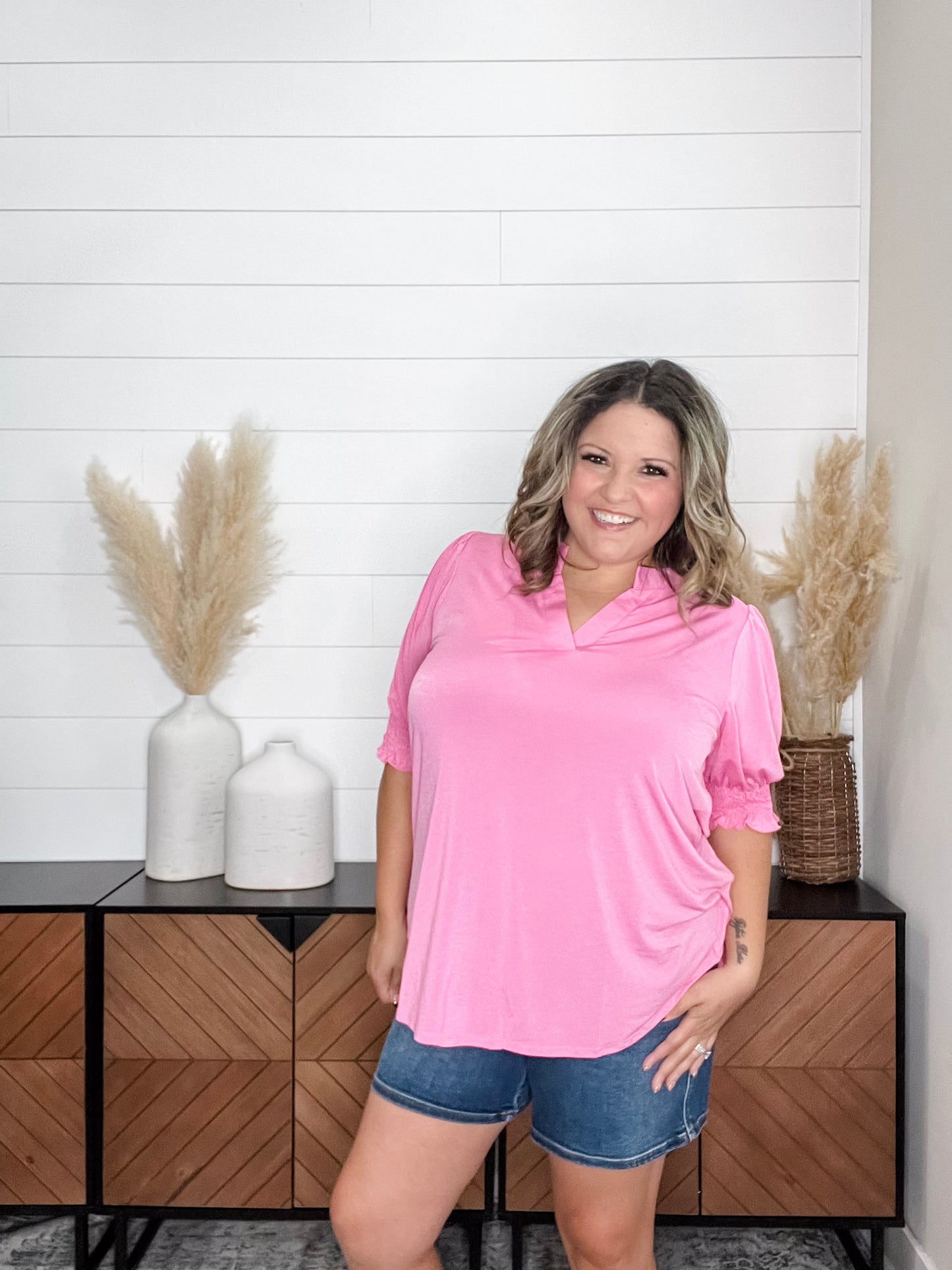 "Shocking" 3/4 Smocked Sleeve Split Neck (Pink)