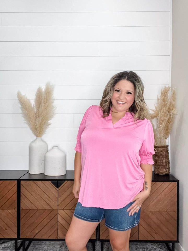 "Shocking" 3/4 Smocked Sleeve Split Neck (Pink)