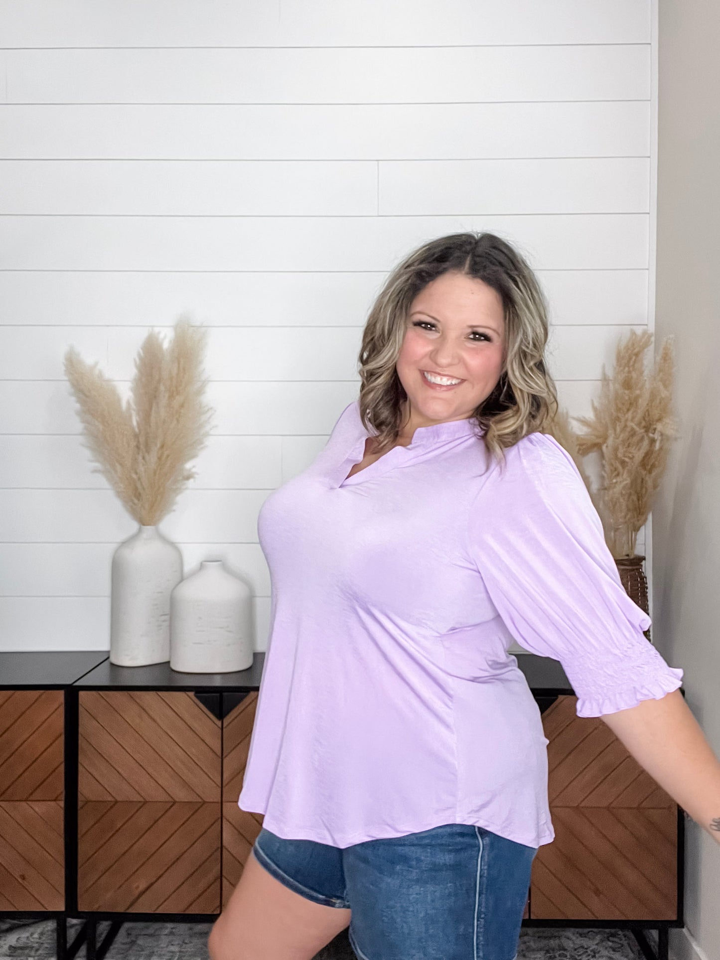 "Shocking" 3/4 Smocked Sleeve Split Neck (Lilac)