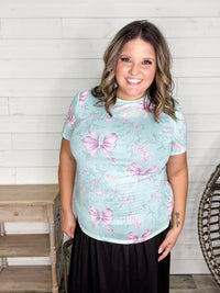 Shirley and Stone "Lavender Bows" Short Sleeve Mesh Top