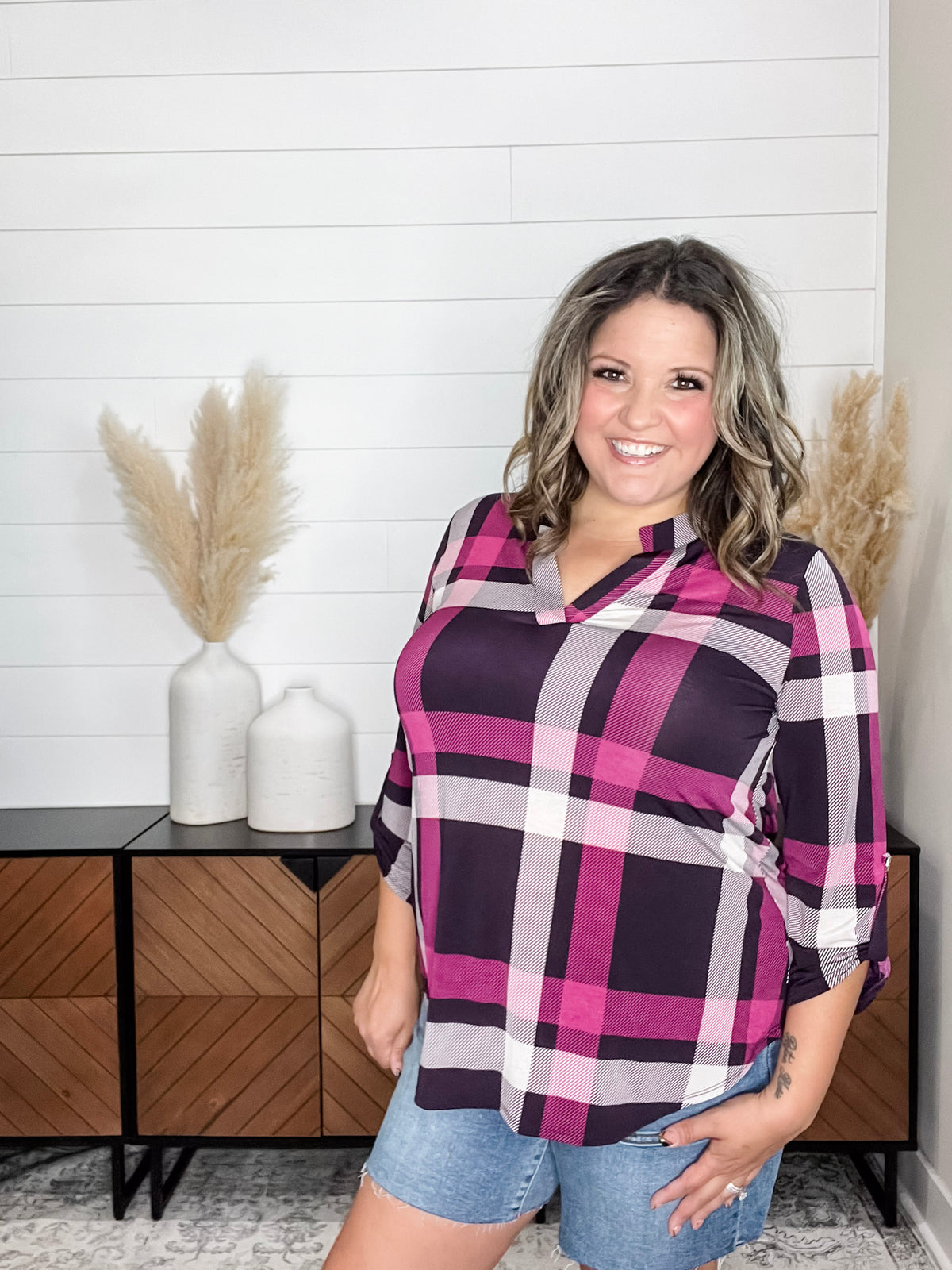 Dear Scarlett "Blayne" Plaid Lizzy 3/4 Sleeve Split Neck