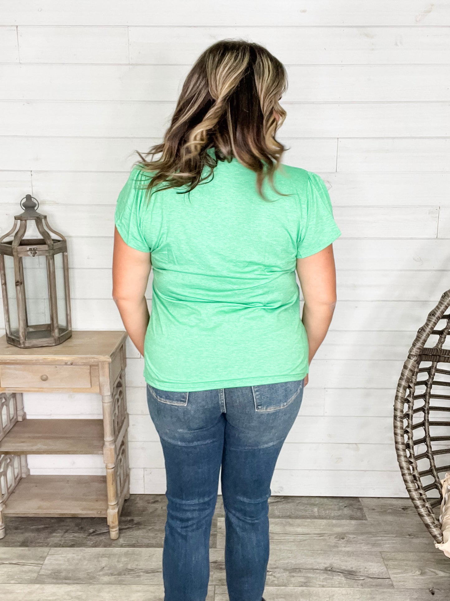 "Just The Beginning Chapter Two" Solid Tulip Sleeve V Neck (Green)