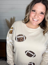"Touchdown" Football Sequinned Crew Neck (Ecru)