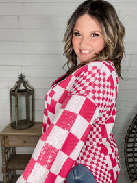 "Check Me Out" Checkered Cardigan with Sequin Detail (Multiple Colors)