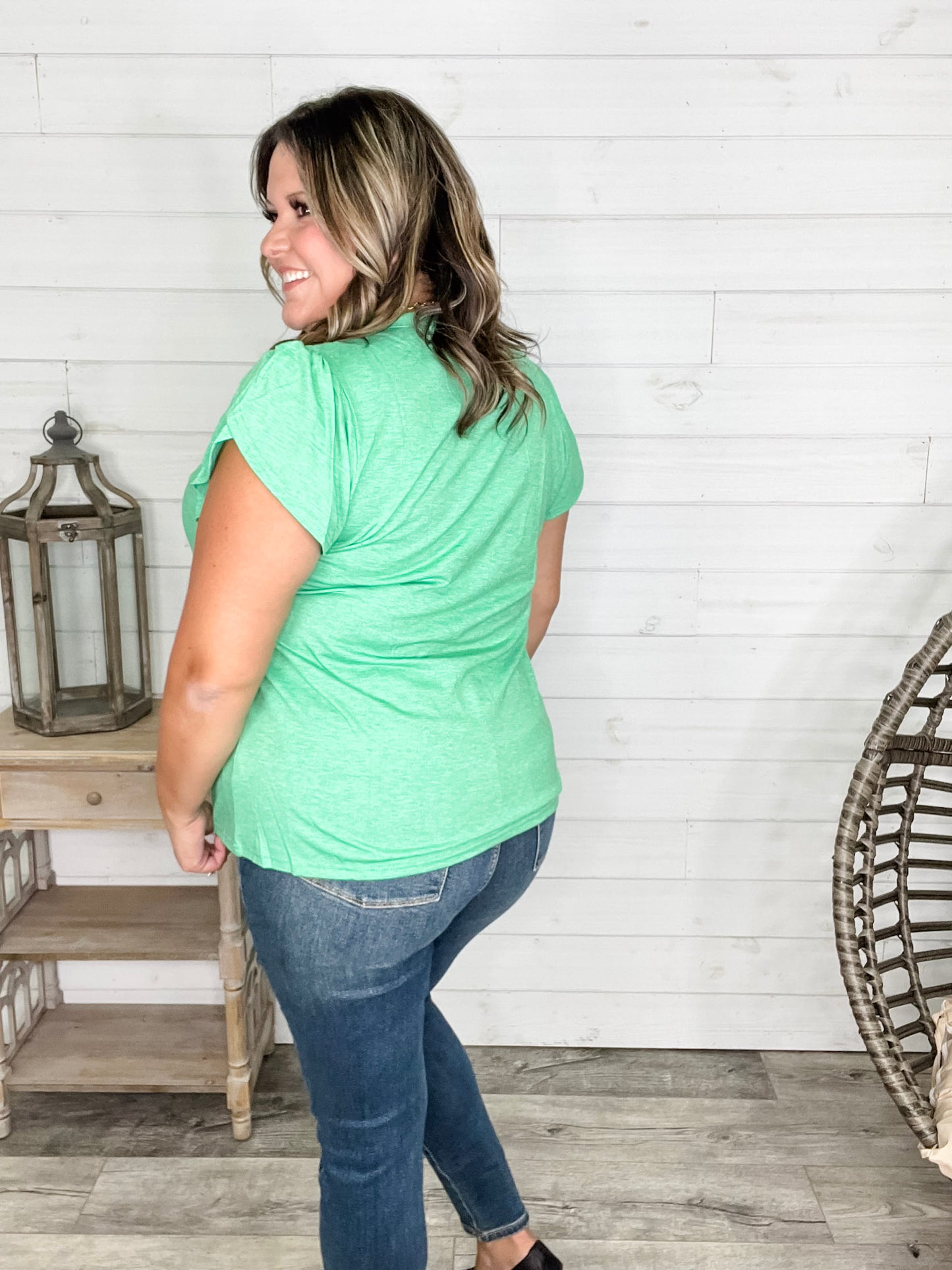 "Just The Beginning Chapter Two" Solid Tulip Sleeve V Neck (Green)