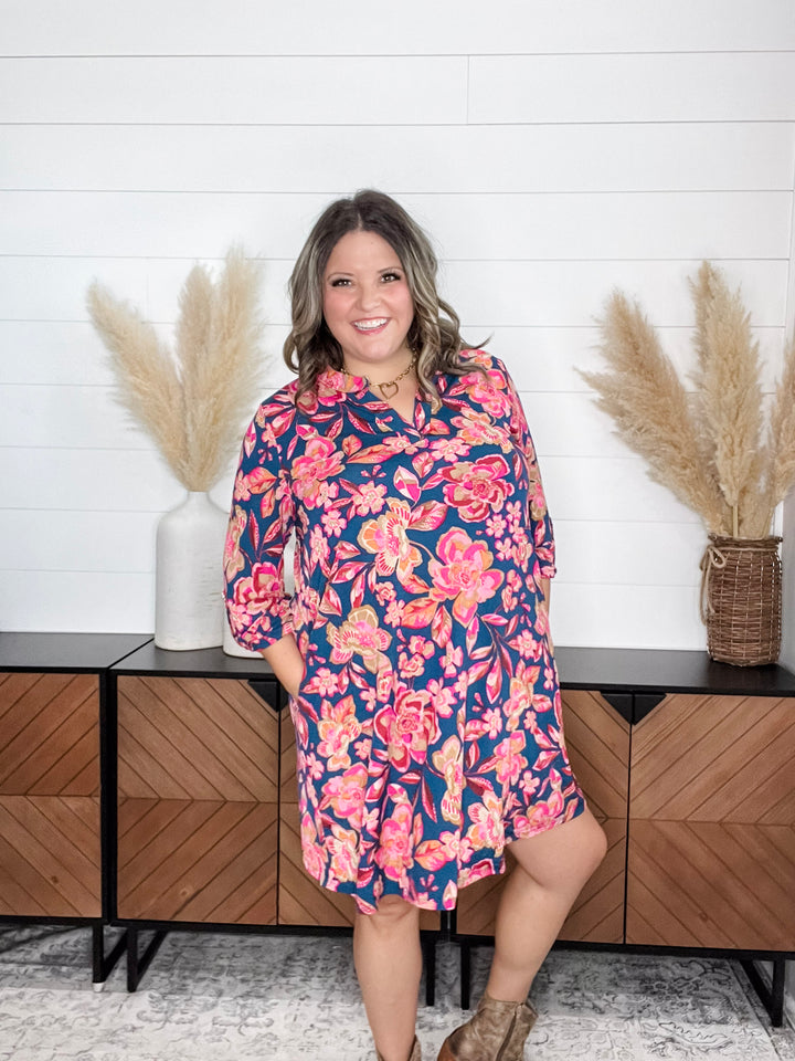 Dear Scarlett "Hydrogen" 3/4 Sleeve Split Neck Dress with Pockets