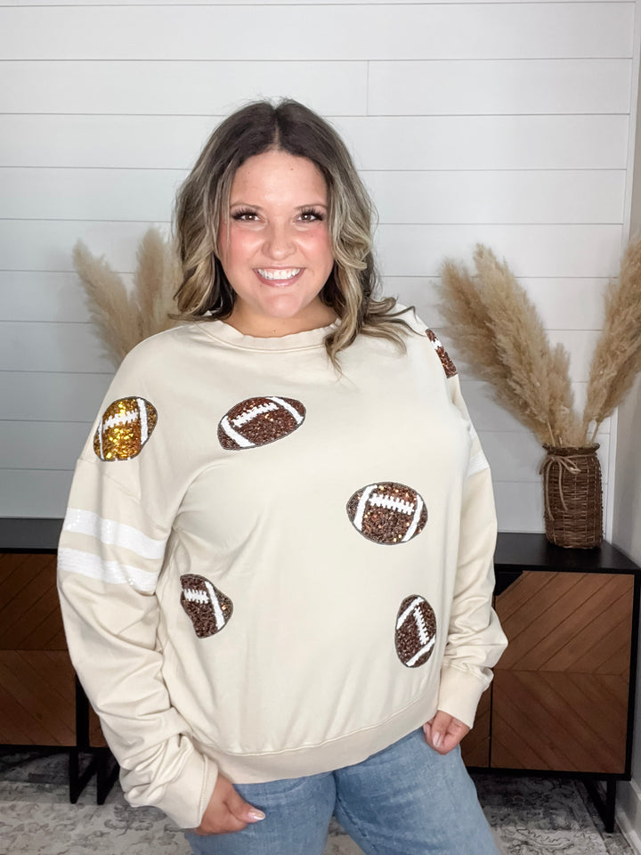 "Touchdown" Football Sequinned Crew Neck (Ecru)