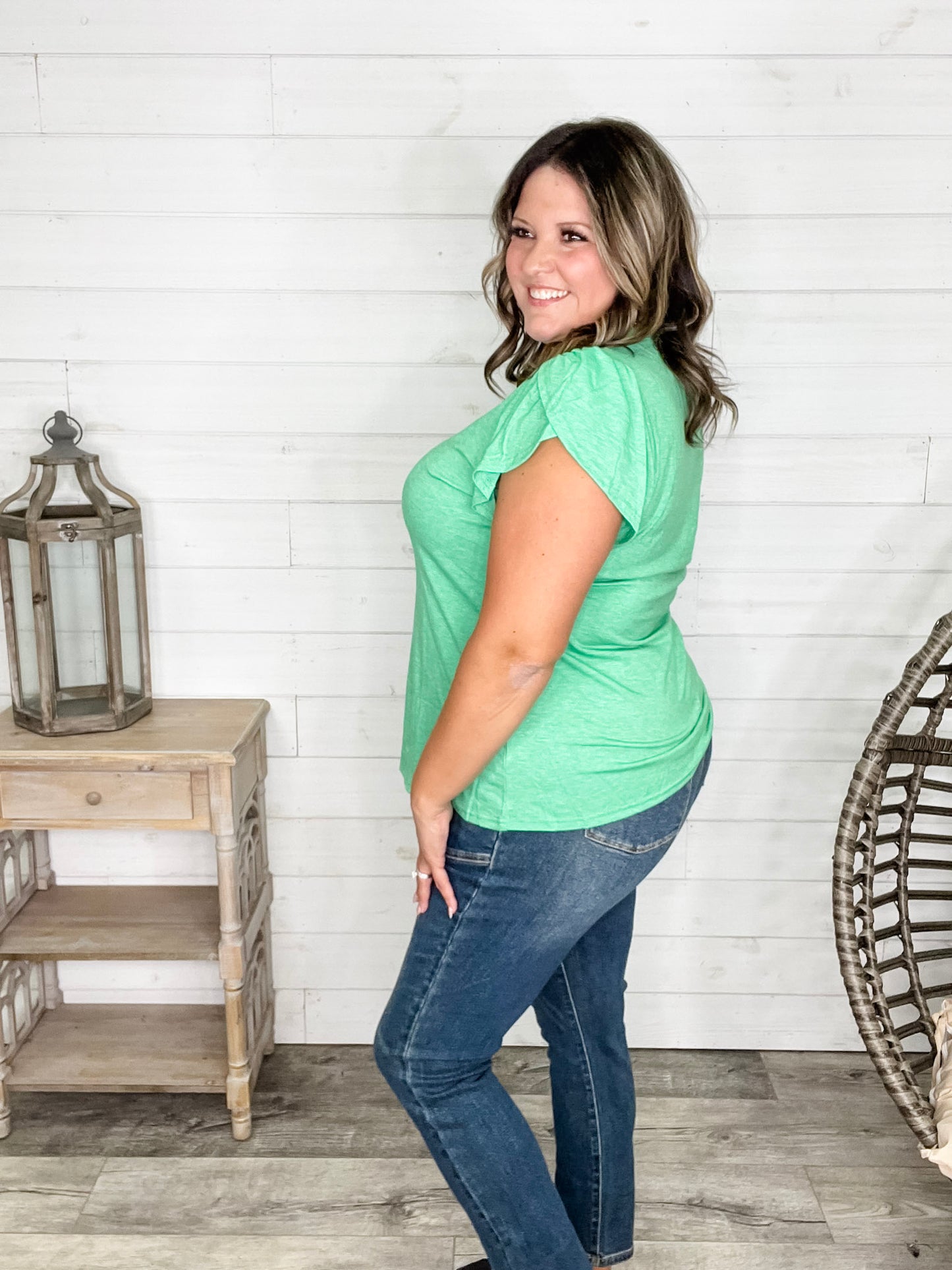 "Just The Beginning Chapter Two" Solid Tulip Sleeve V Neck (Green)