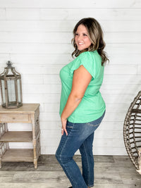 "Just The Beginning Chapter Two" Solid Tulip Sleeve V Neck (Green)