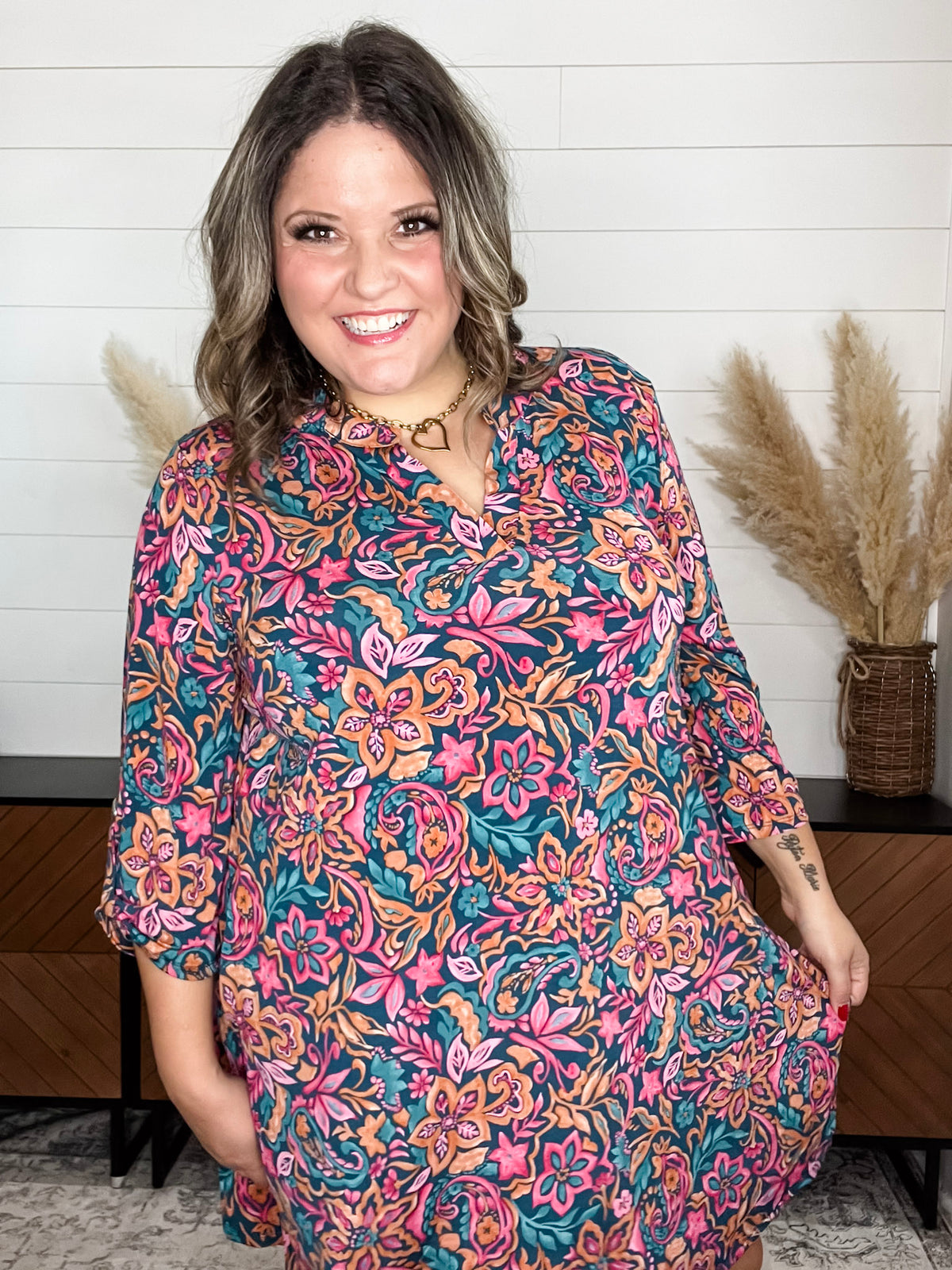 Dear Scarlett "Carbon" 3/4 Sleeve Split Neck Dress with Pockets