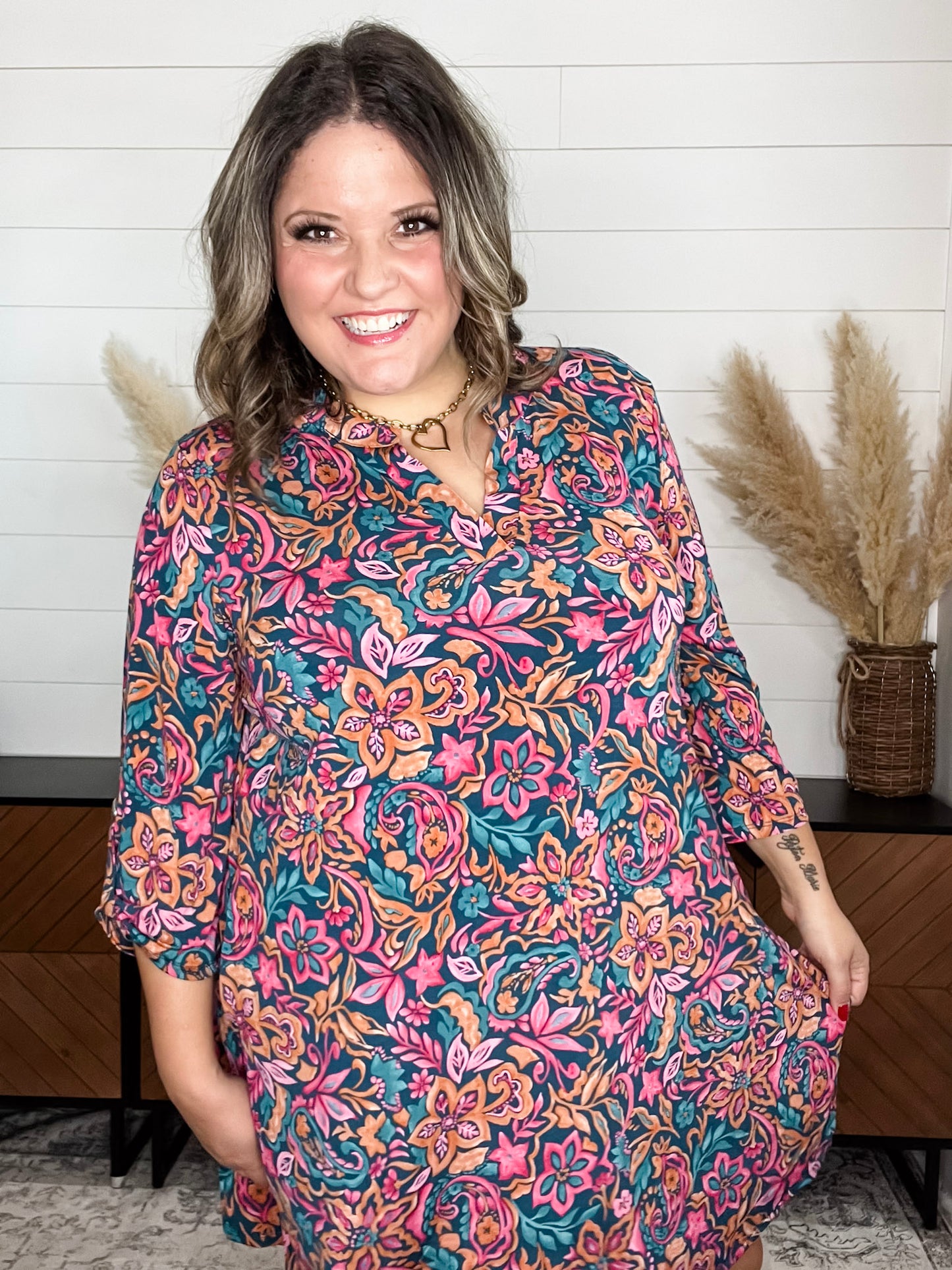 Dear Scarlett "Carbon" 3/4 Sleeve Split Neck Dress with Pockets