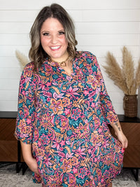Dear Scarlett "Carbon" 3/4 Sleeve Split Neck Dress with Pockets