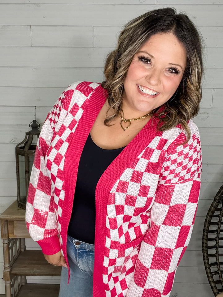 "Check Me Out" Checkered Cardigan with Sequin Detail (Multiple Colors)