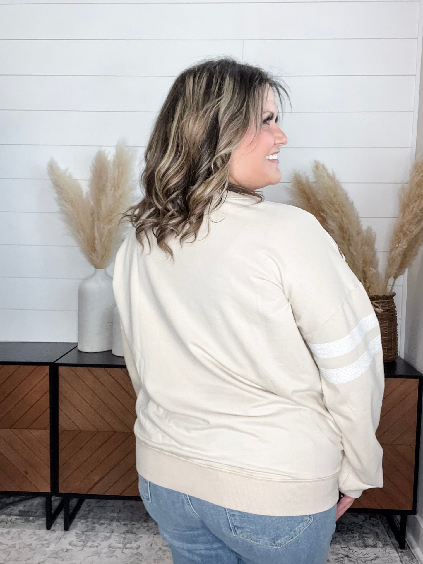 "Touchdown" Football Sequinned Crew Neck (Ecru)