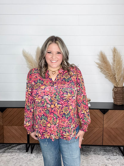 "Atmore" Smocked Wrist Long Sleeve Split Neck