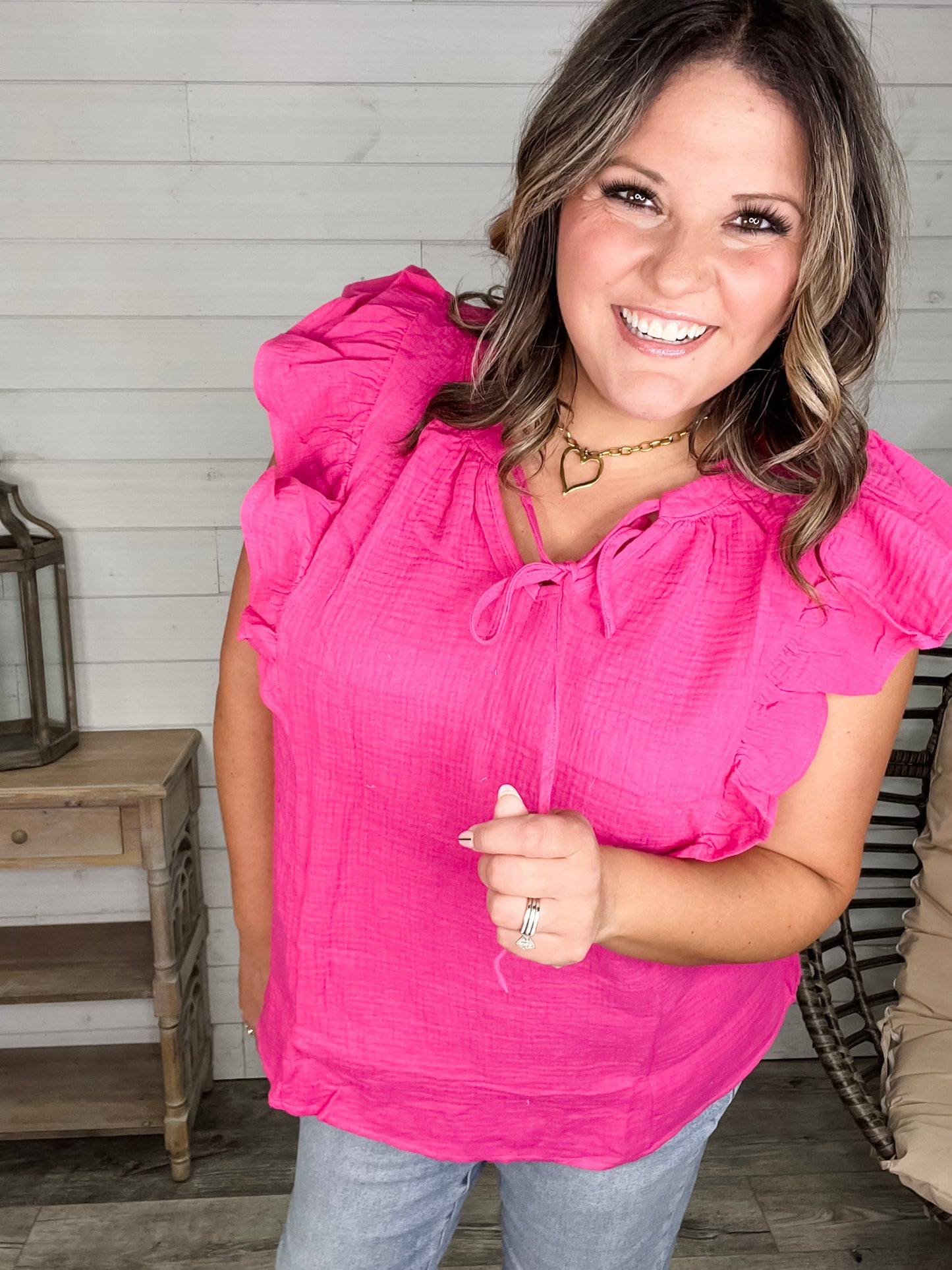 "Wheatland" Ruffle Cap V Neck with Tie Detail (Hot Pink)
