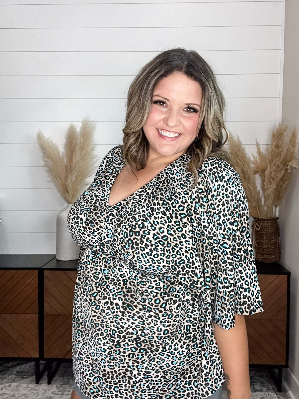 Dear Scarlett "Not This Time" Animal Print V Neck 3/4 Bell Sleeve