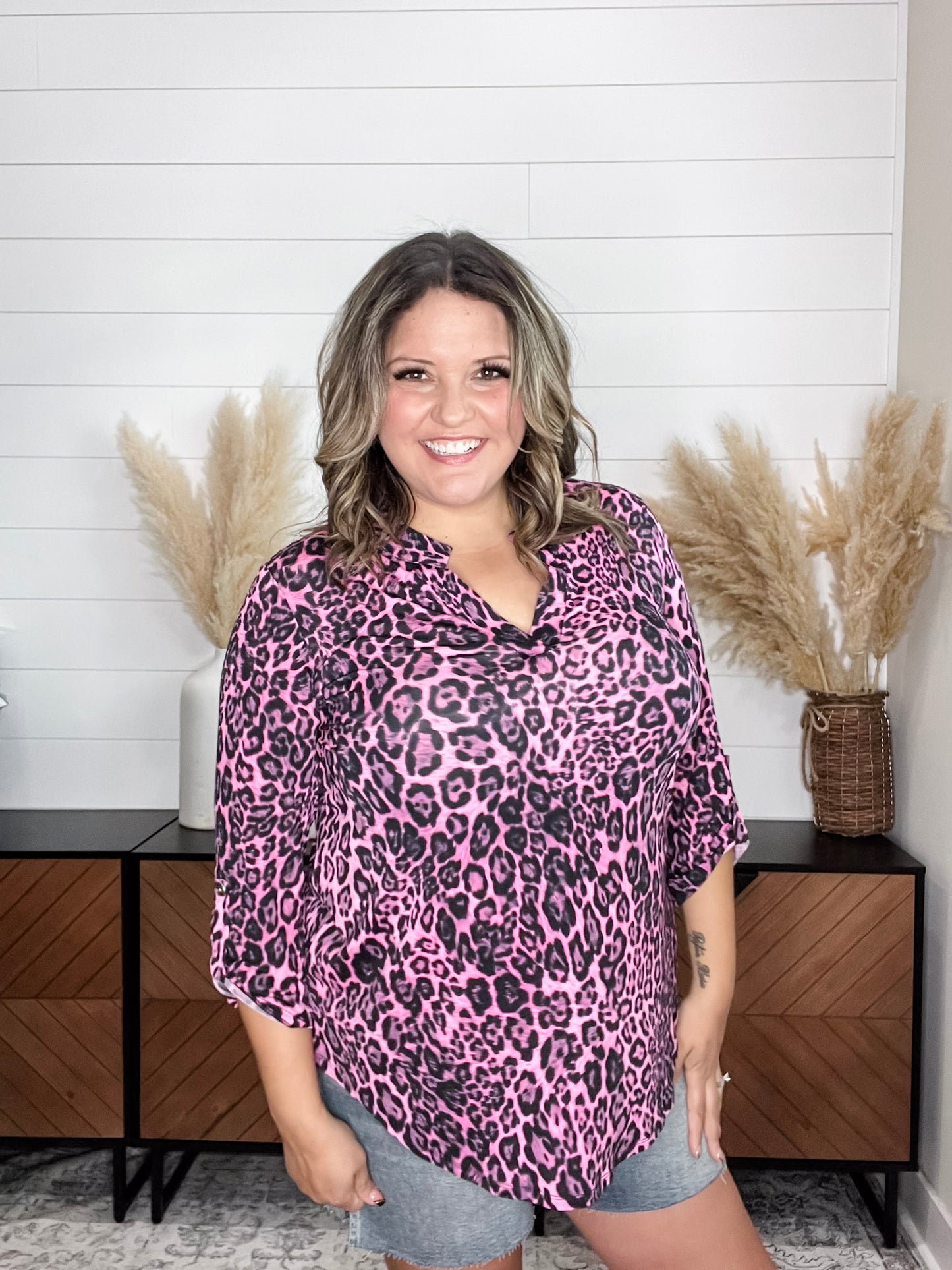 "Miss Kitty" Animal Print 3/4 Sleeve Split Neck
