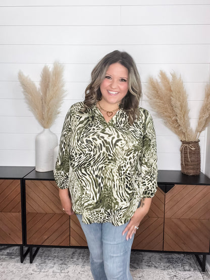 "Beliefs" Animal Print Lizzy 3/4 Sleeve Split Neck