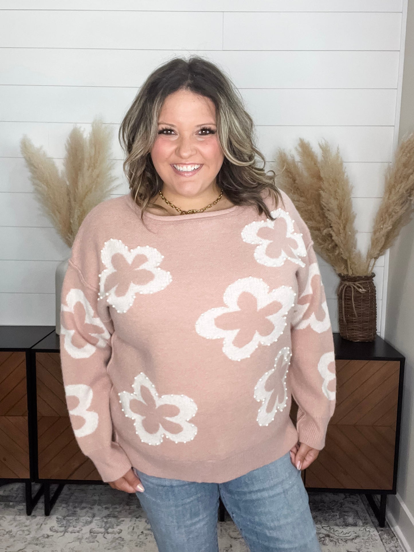 "Cartwright" Floral Print Pearl Embellished Sweater