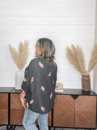 Dear Scarlett "Deceptive" Floral Embroidered Short Sleeve Dolman with Cuff and Collar (Black)