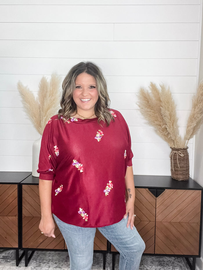 Dear Scarlett "Deceptive" Floral Embroidered Short Sleeve Dolman with Cuff and Collar (Wine)
