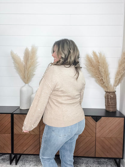 "Discreet" Long Sleeve Pearl Embellished Balloon Sleeve Sweater