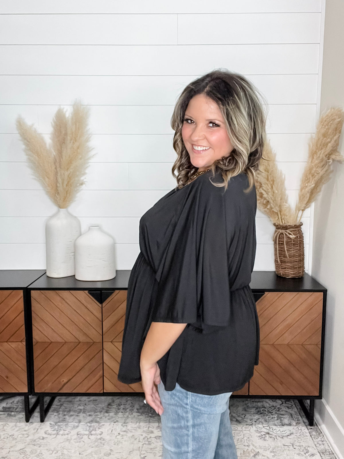 Dear Scarlett "Here We Go Again" V Neck 3/4 Bell Sleeve (Black)