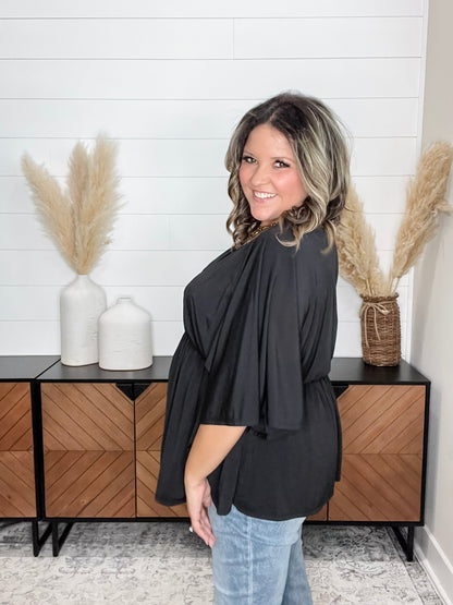 "Here We Go Again" V Neck 3/4 Bell Sleeve (Black)