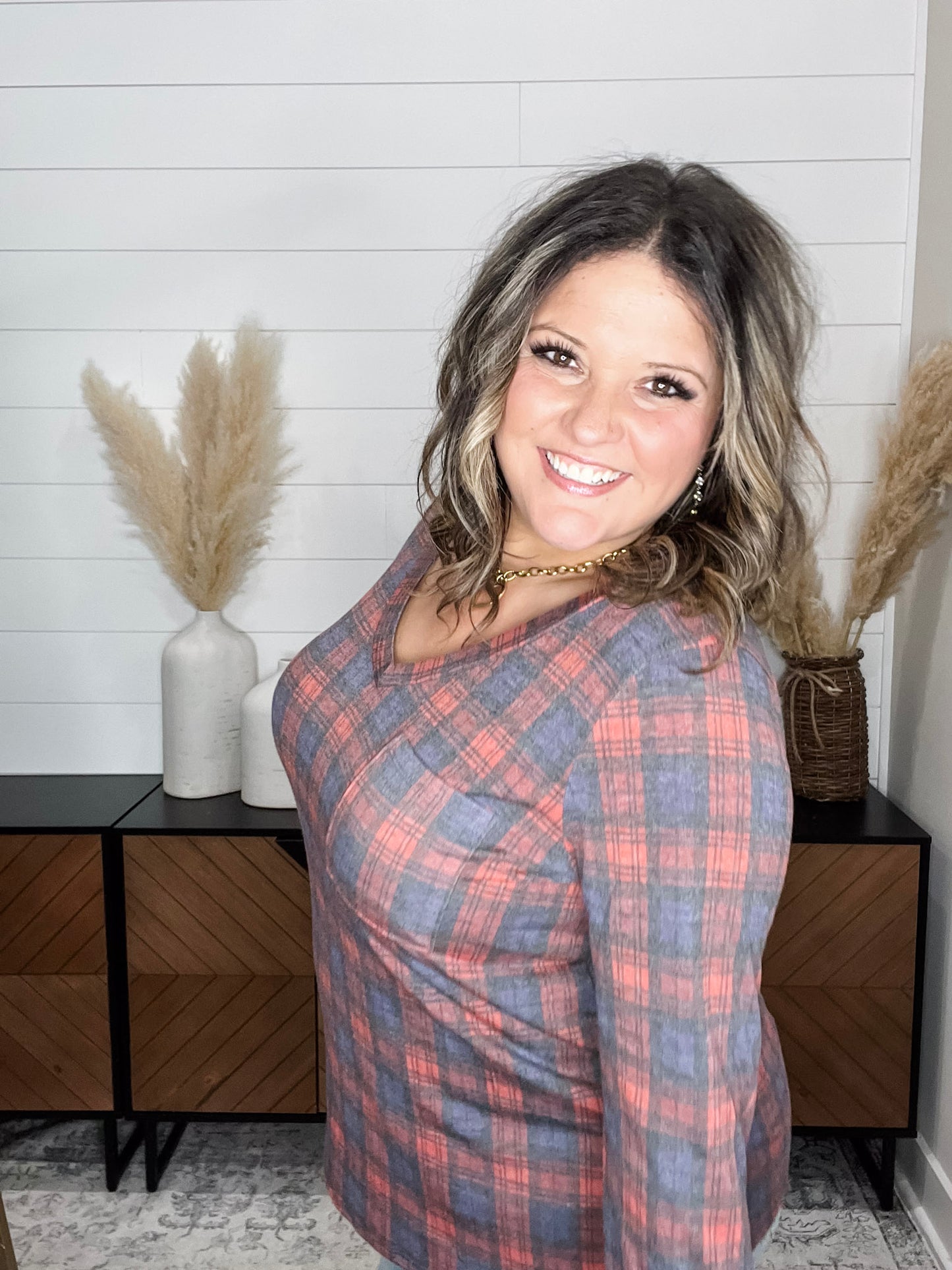 "In To It" Long Sleeve Plaid V Neck with Chest Pocket