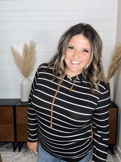 "Libby" Striped Hoodie with Faux Suede Elbow Patches