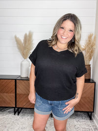 "Honeycomb" Cuffed Short Sleeve Waffle Texture Top (Black)