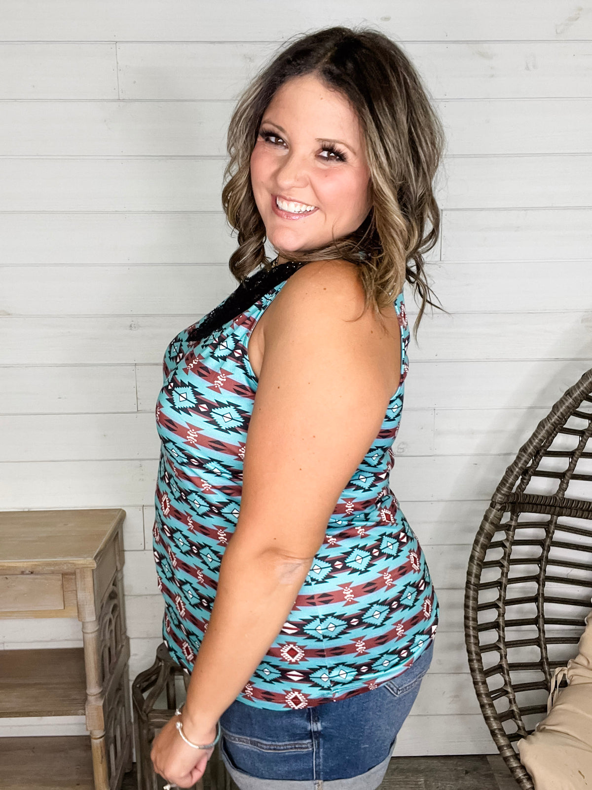 "Turner" Aztec Print Lace Detail Tank