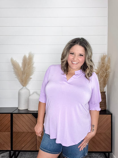 "Shocking" 3/4 Smocked Sleeve Split Neck (Lilac)