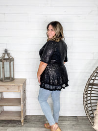"Caught A Glimpse" Sequined Ruffle Hem and Sleeve (Black)