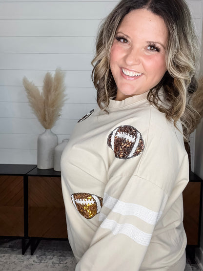 "Touchdown" Football Sequinned Crew Neck (Ecru)
