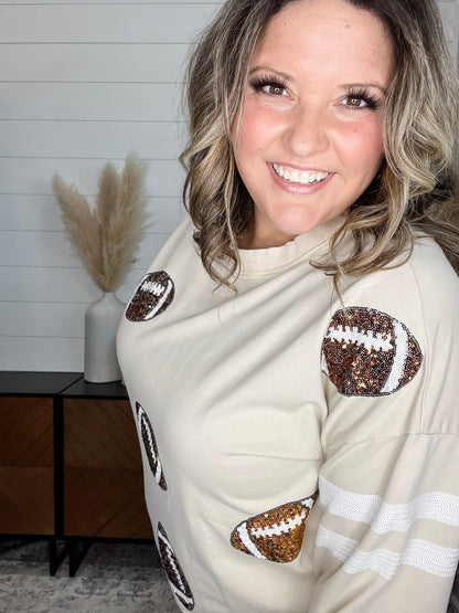 "Touchdown" Football Sequinned Crew Neck (Ecru)
