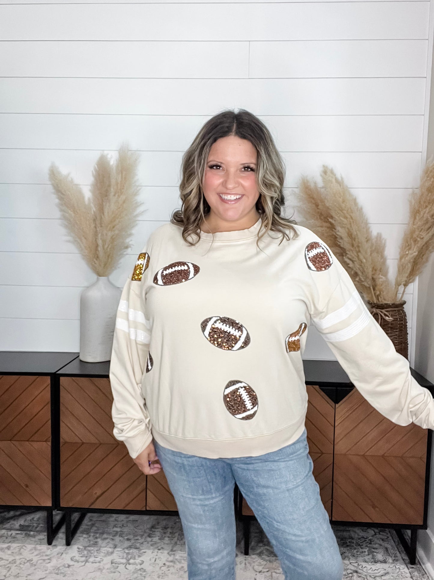 "Touchdown" Football Sequinned Crew Neck (Ecru)
