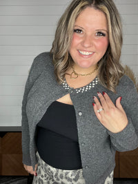 "Classical" Long Sleeve Button Front Sweater with Rhinestone Detail