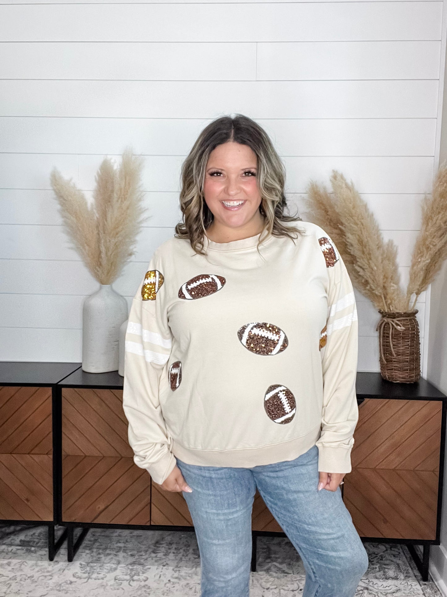 "Touchdown" Football Sequinned Crew Neck (Ecru)