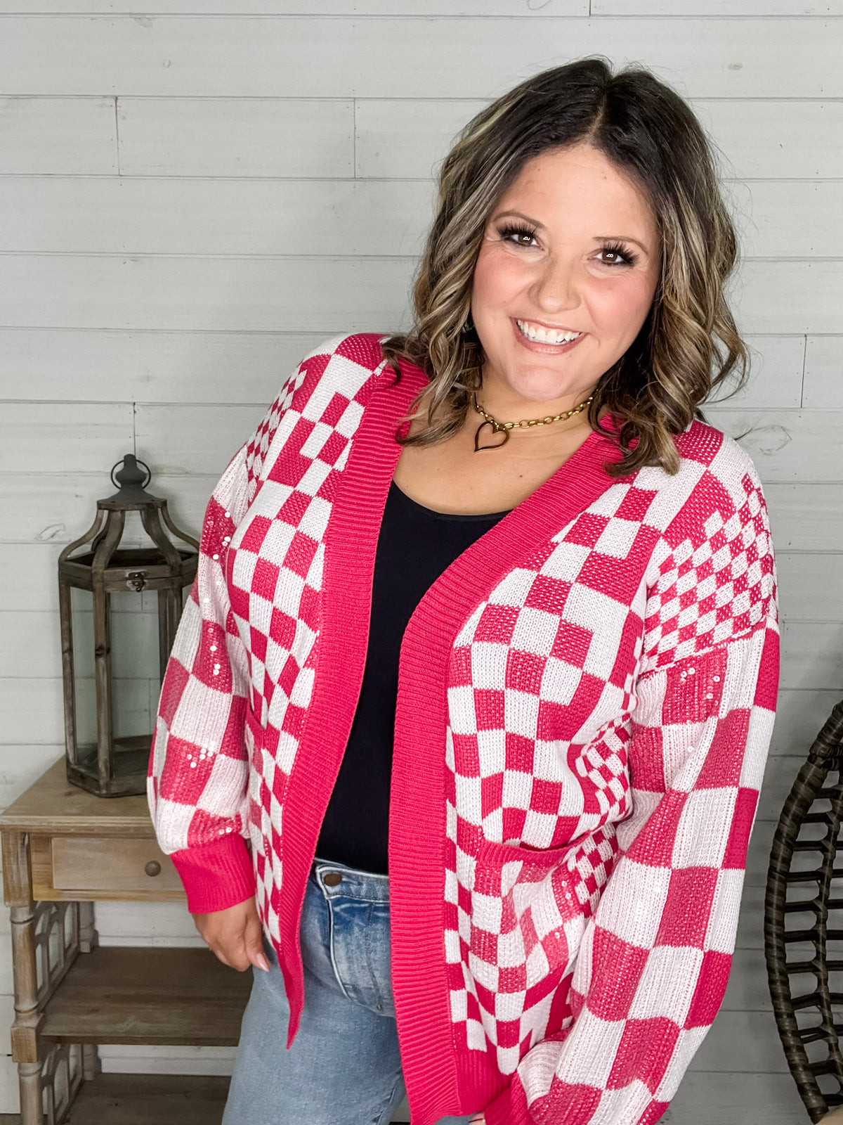 "Check Me Out" Checkered Cardigan with Sequin Detail (Multiple Colors)