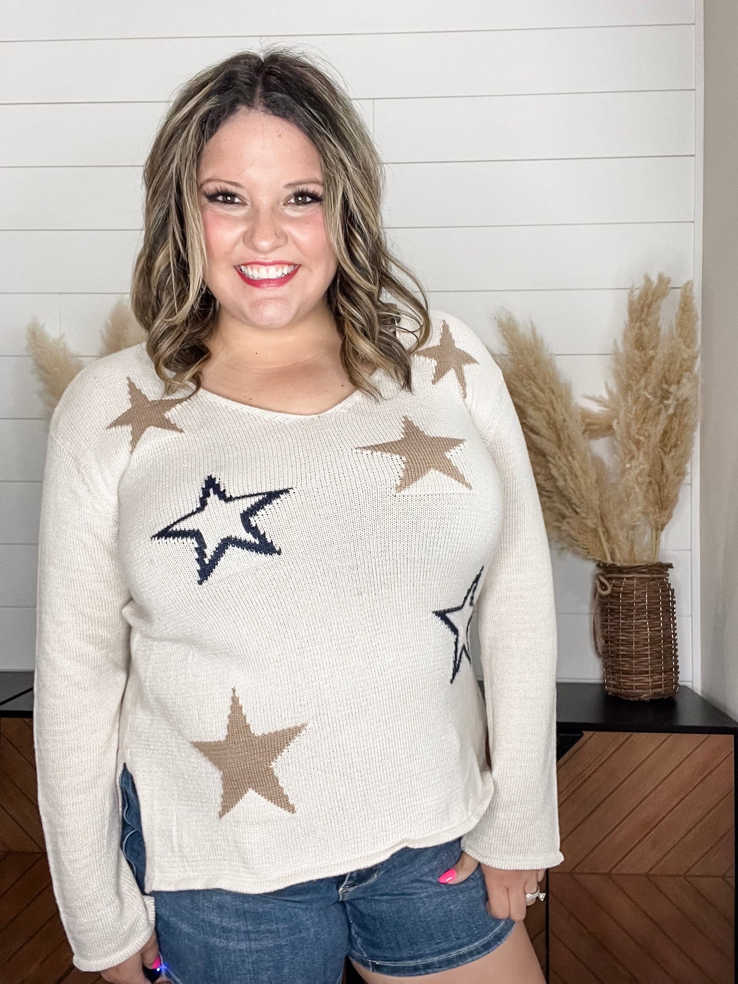"Night Owl"  Star Printed U Neck Sweater