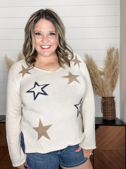 "Night Owl"  Star Printed U Neck Sweater