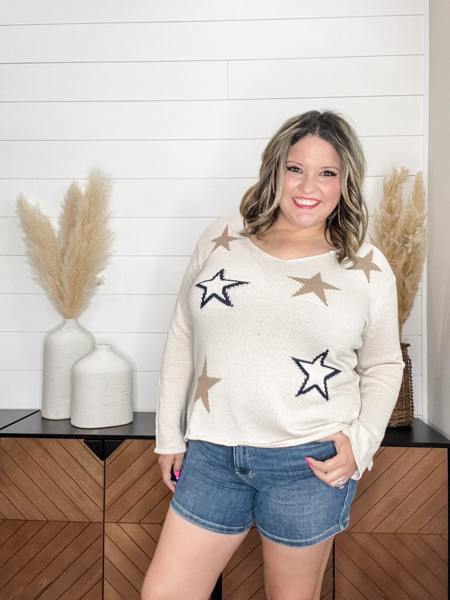 "Night Owl"  Star Printed U Neck Sweater