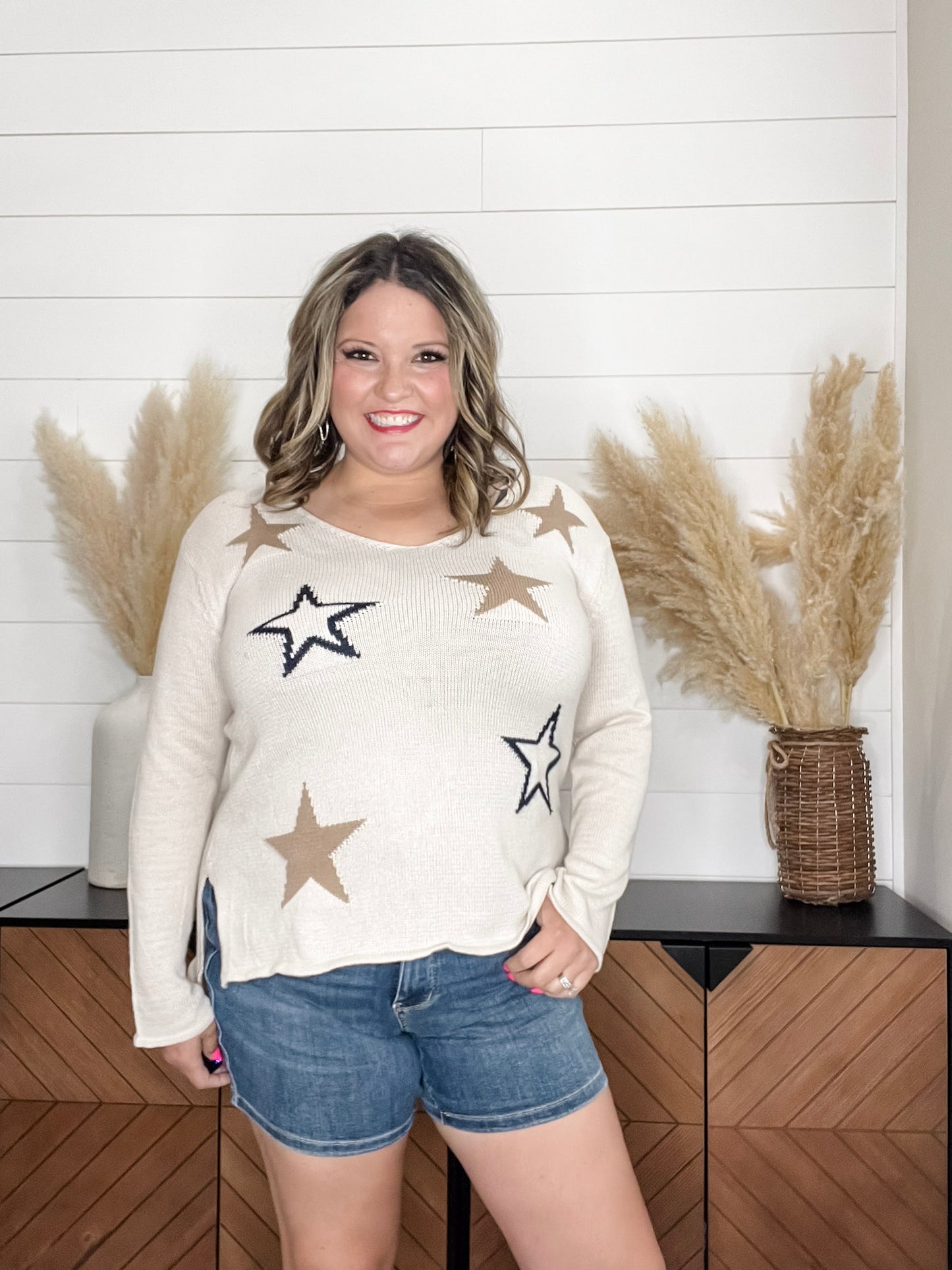"Night Owl"  Star Printed U Neck Sweater